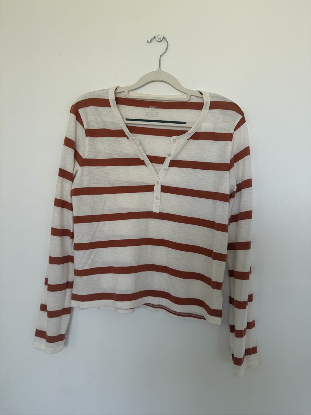 Women's Striped Long-Sleeve Henley Top - Cream & Rust